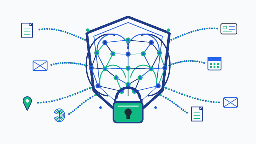 Flat illustration of a protected AI brain network representing LLM privacy