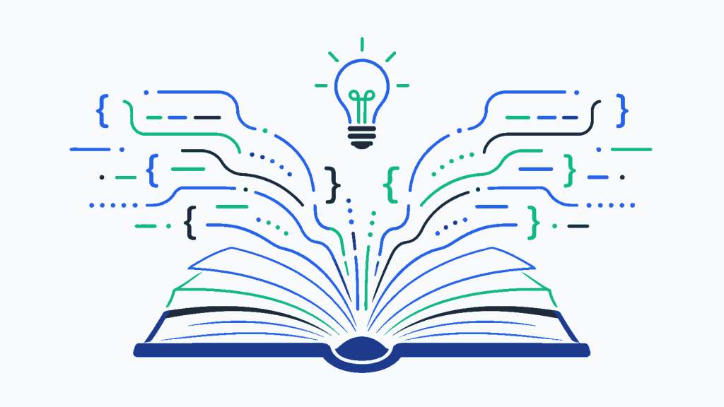 Flat illustration of an open book turning into lines of code, coding literacy