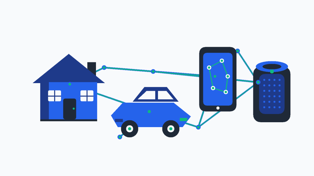 Flat illustration of everyday objects connected by AI network lines