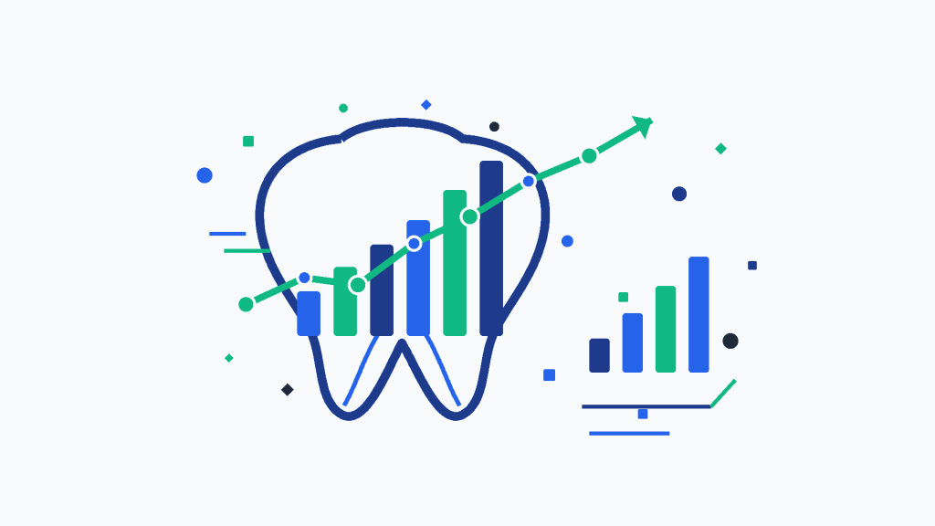 Flat illustration of a tooth with rising data charts, dental analytics