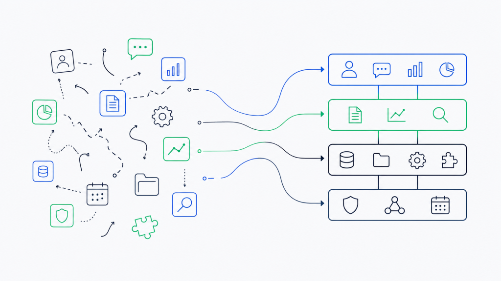 Abstract data integration diagram: scattered icons on the left feed into four layered panels on the right showing user, chat, charts, files, and databases icons.