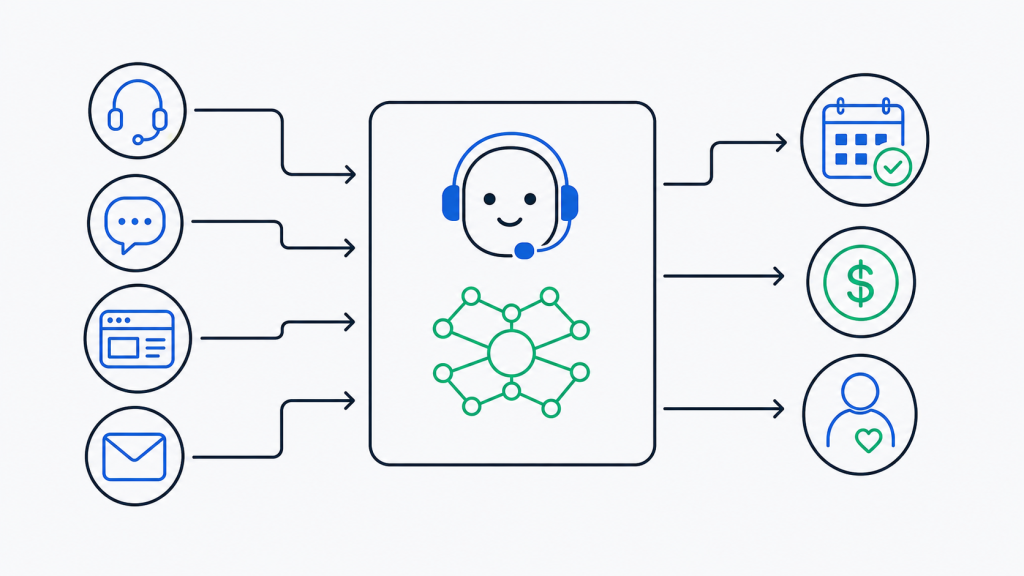 Flow diagram: four input channels (headset, chat bubble, web page, and email) feed into a central support system, outputting to calendar, payments, and a user profile (heart).
