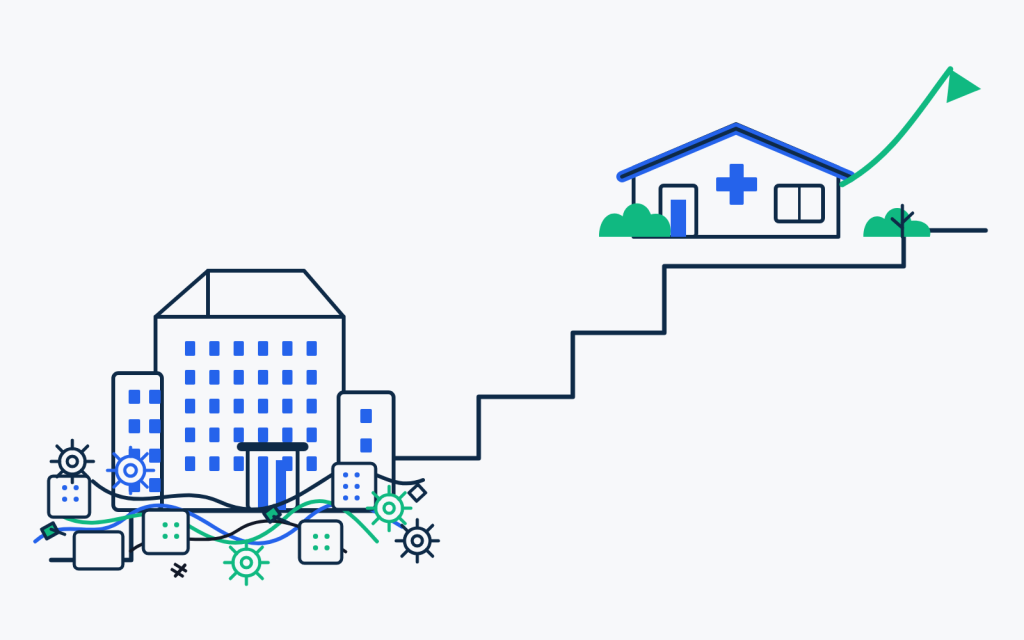 A large hospital stuck low on a staircase, tangled at its base in disconnected tools, while a small clinic climbs high near the top with an upward arrow ahead of it.